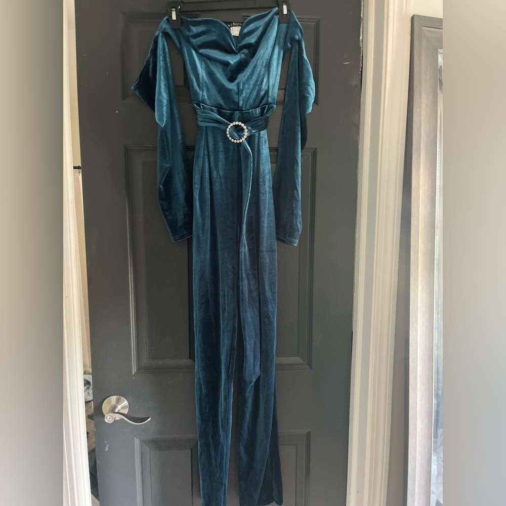 VENUS Teal Velvet Jumpsuit